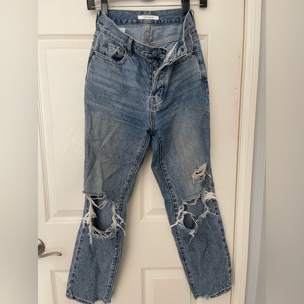 PacSun High Rise Straight Button Fly light washed distressed jeans, size 23